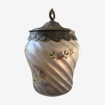 Art Nouveau enamelled glass cookie jar with a tin frame