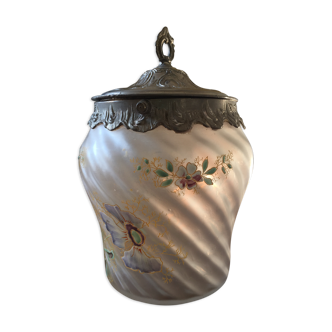 Art Nouveau enamelled glass cookie jar with a tin frame