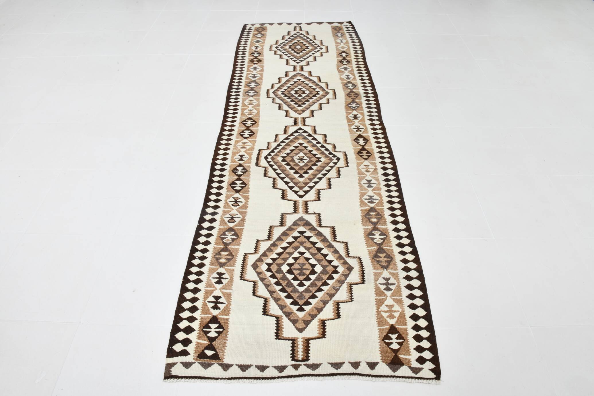 93x277 Wool Cream Runner Rug, Vintage Runner For Hallway