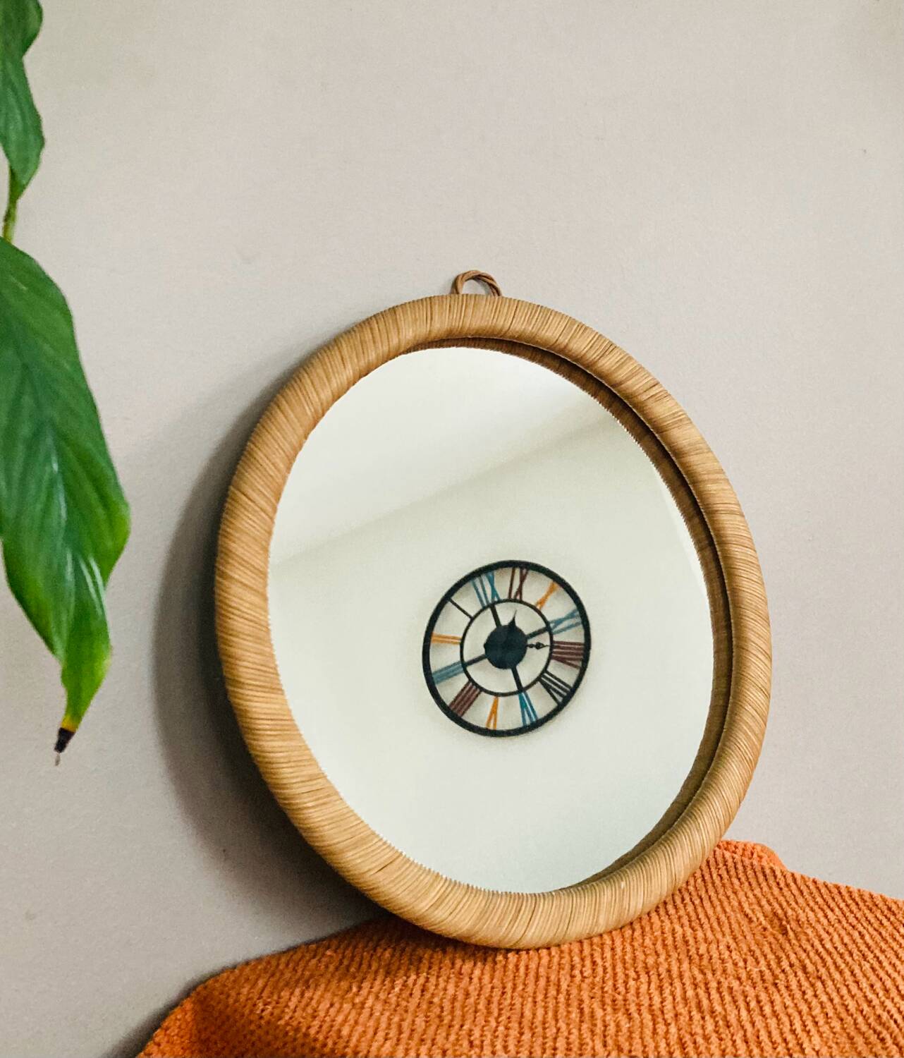 Vintage Round Rattan Wall Mirror 1990s