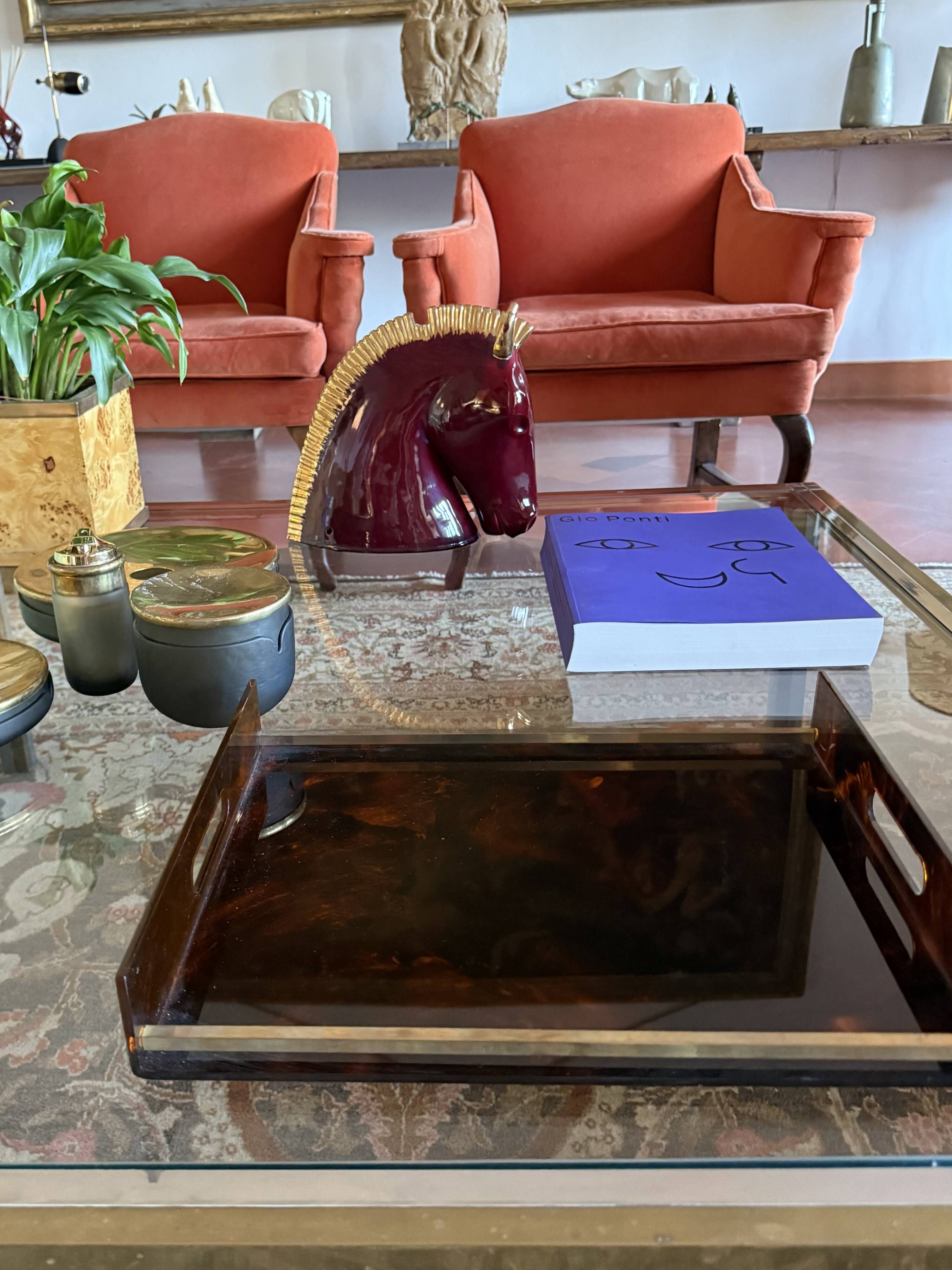Hollywood regency brass and tortoiseshell lucite tray, Italy 1970s