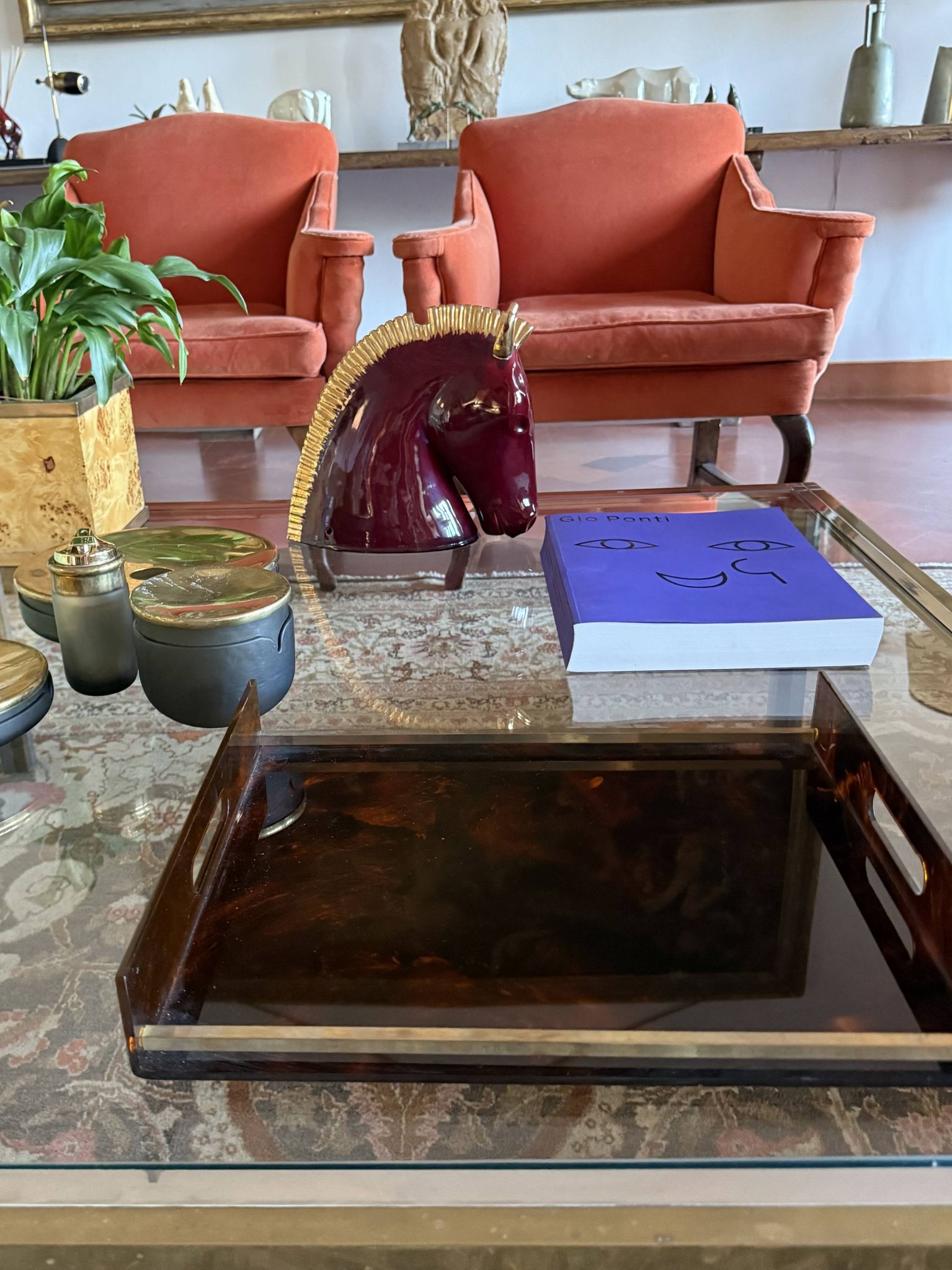 Hollywood regency brass and tortoiseshell lucite tray, Italy 1970s
