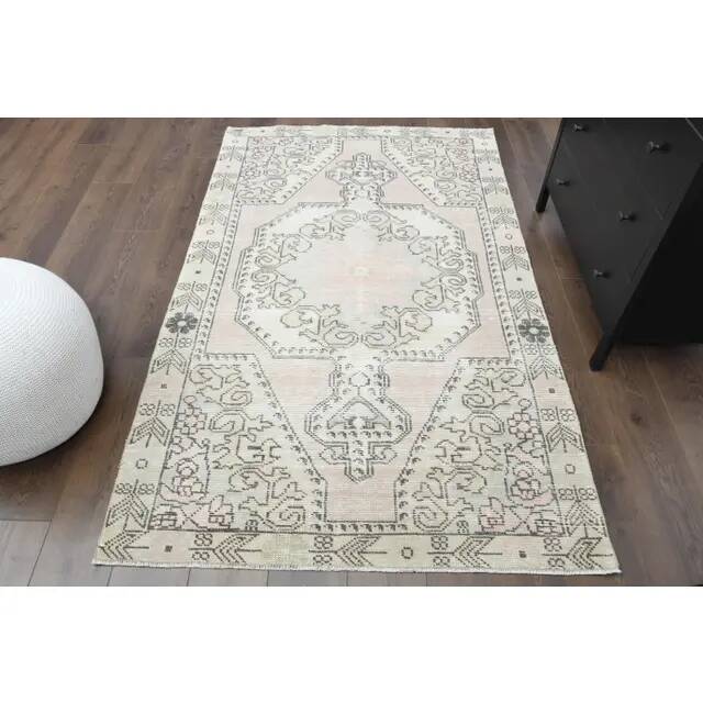1970s Vintage Turkish Oushak Handmade Wool Cotton Pink Area Rug 130x211