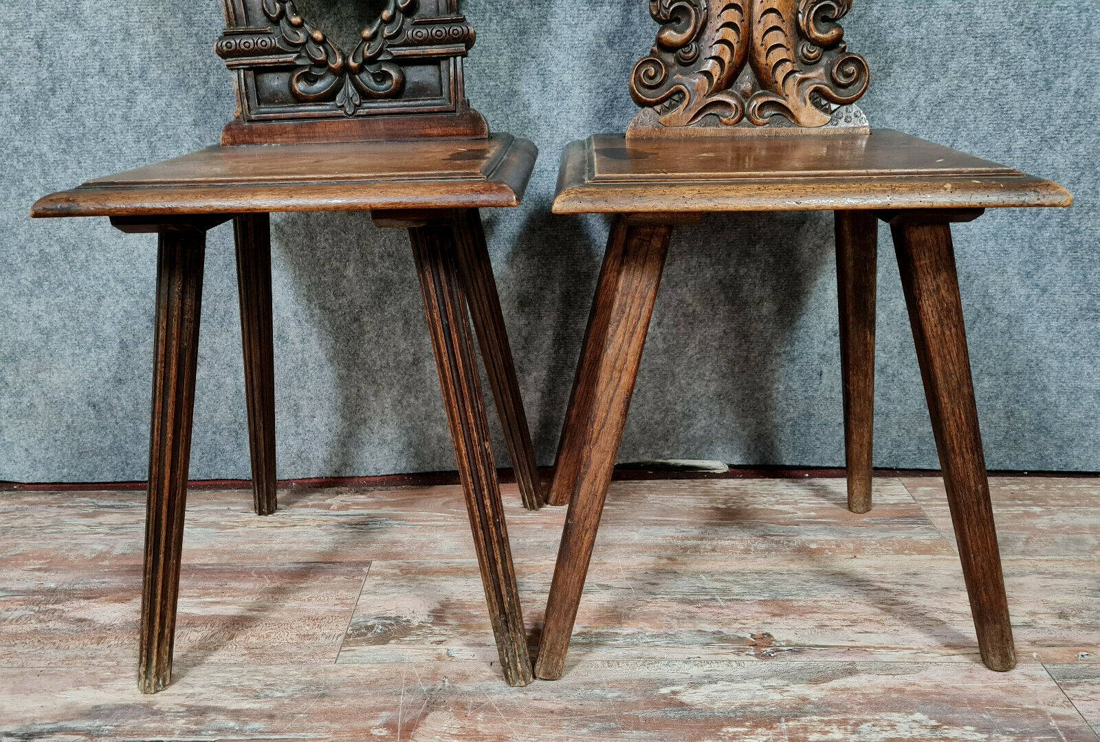 Set of chairs called Sgabello Renaissance style in solid walnut around 1850