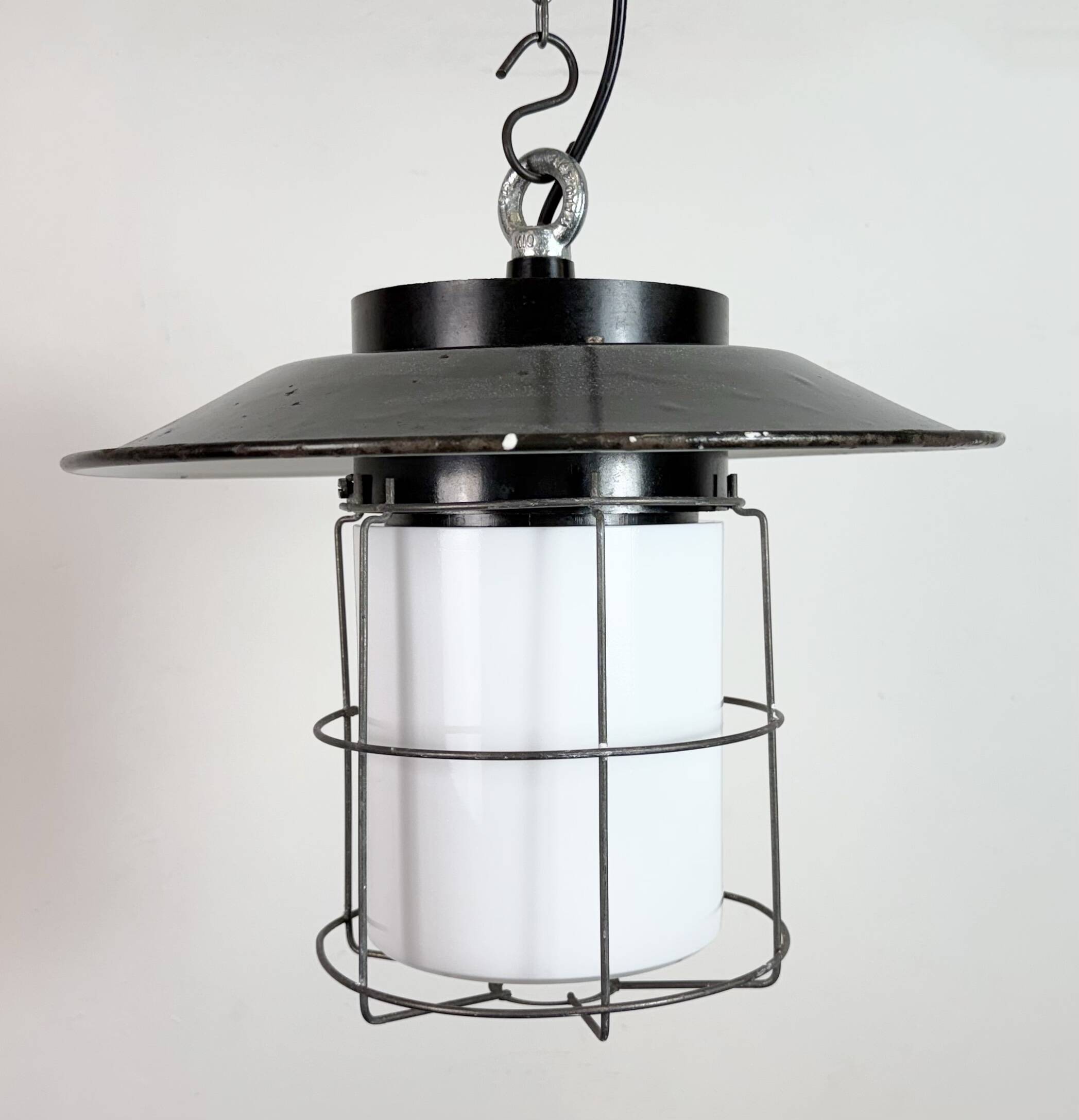 Industrial Grey Enamel Cage Pendant Lamp, 1960s