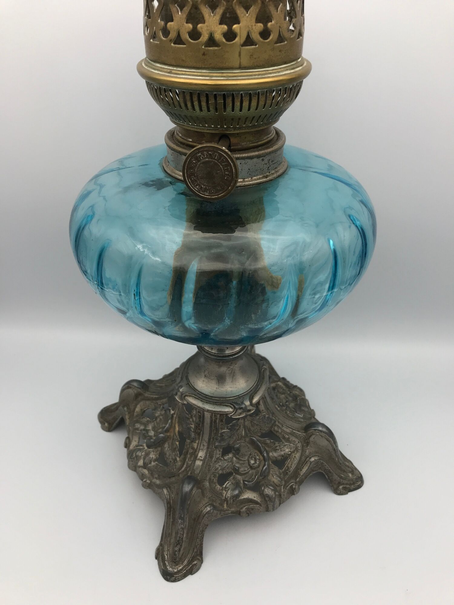 Regulated kerosene lamp foot baroque style blue glass bowl