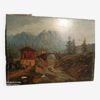 Peinture à l'huile sur panneau du début des années 1900, paysage de montagne