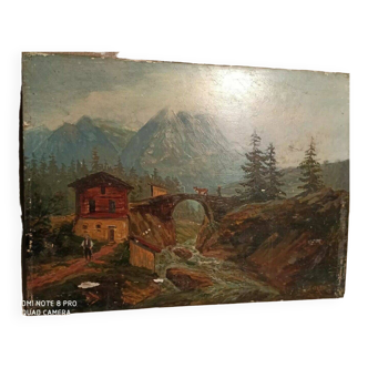 Peinture à l'huile sur panneau du début des années 1900, paysage de montagne