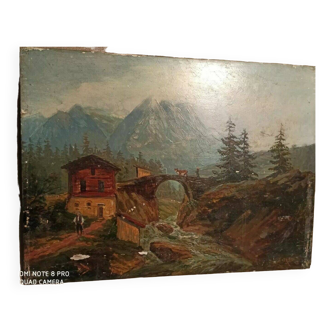 Early 1900s oil painting on panel, mountain landscape