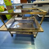 70's brass and glass roller service - 3 levels - expandable middle shelf
