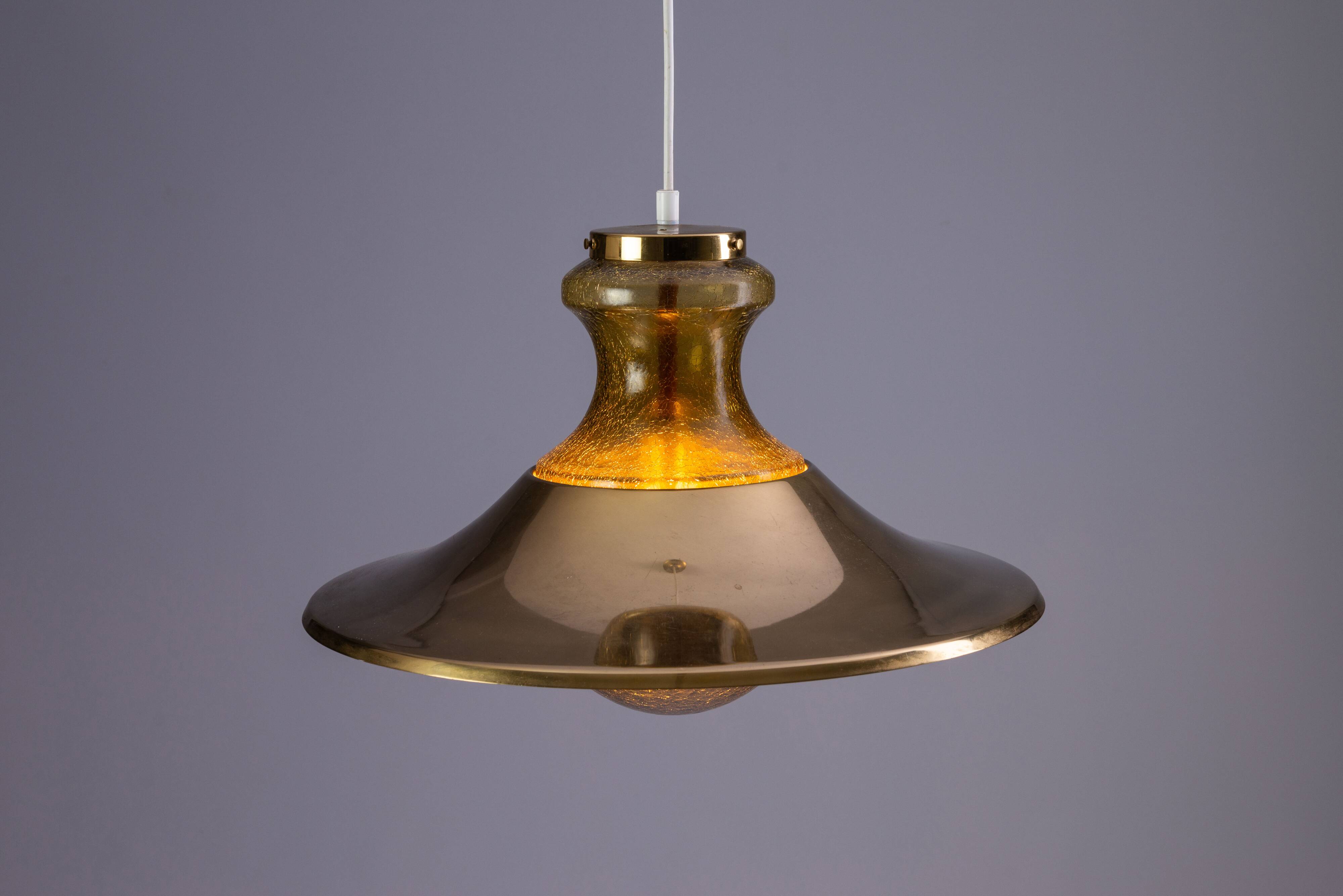 Large glass ‘‘bubble’’ chandelier with brass shade