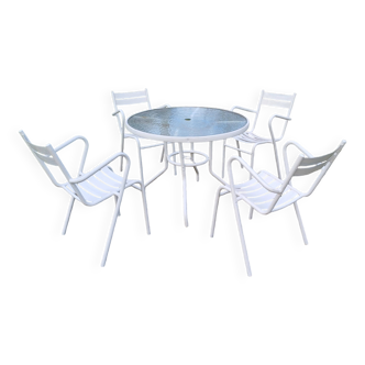 Salon de Jardin Table Fer et Verre et 4 Fauteuils style Tolix