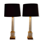 Pair of coloured table lamps, made of cut crystal and gilded bronze, in the Baccarat style.