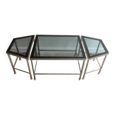 Rare three-part nickel coffee table with lacquered glass tops around the perimeter
