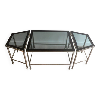 Rare three-part nickel coffee table with lacquered glass tops around the perimeter