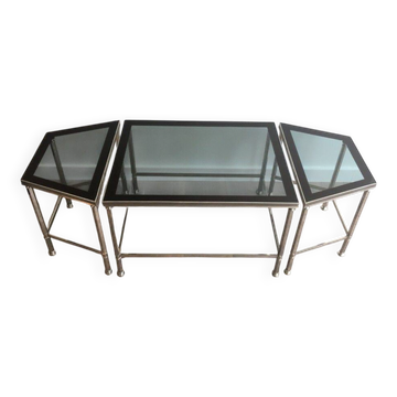 Rare three-part nickel coffee table with lacquered glass tops around the perimeter
