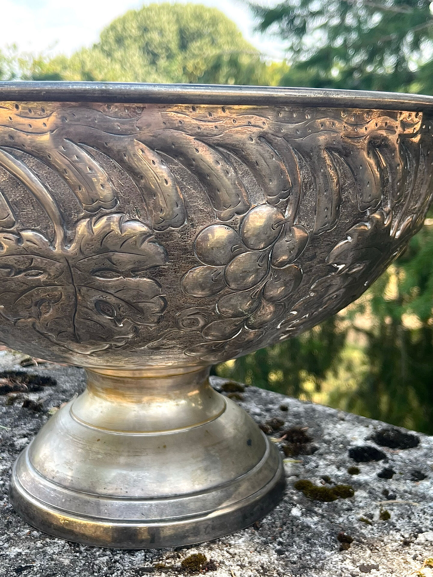 Large silver plated champagne cooler bowl on pedestal with grape
