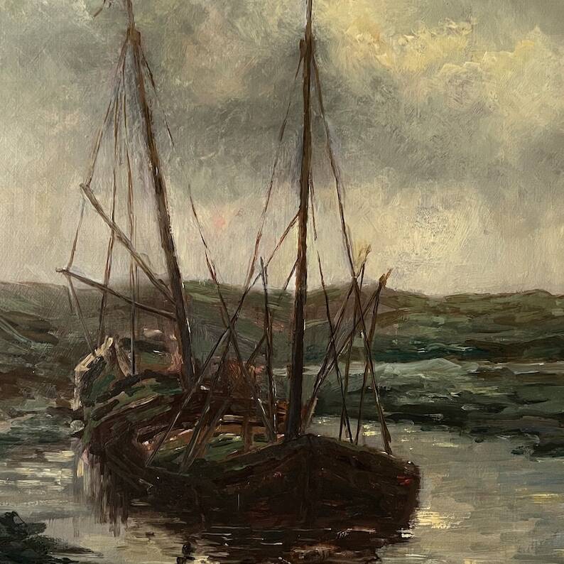 Peinture à l'huile de voilier vintage signée