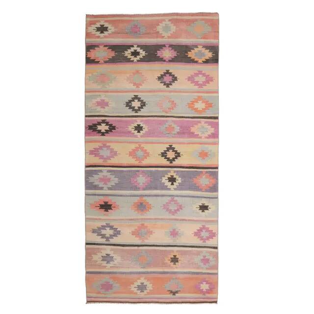 Vintage Turkish Oushak Handmade Wool Cotton Green Kilim Runner Rug 129x297