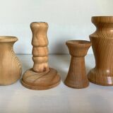 Four wooden vases and candlesticks