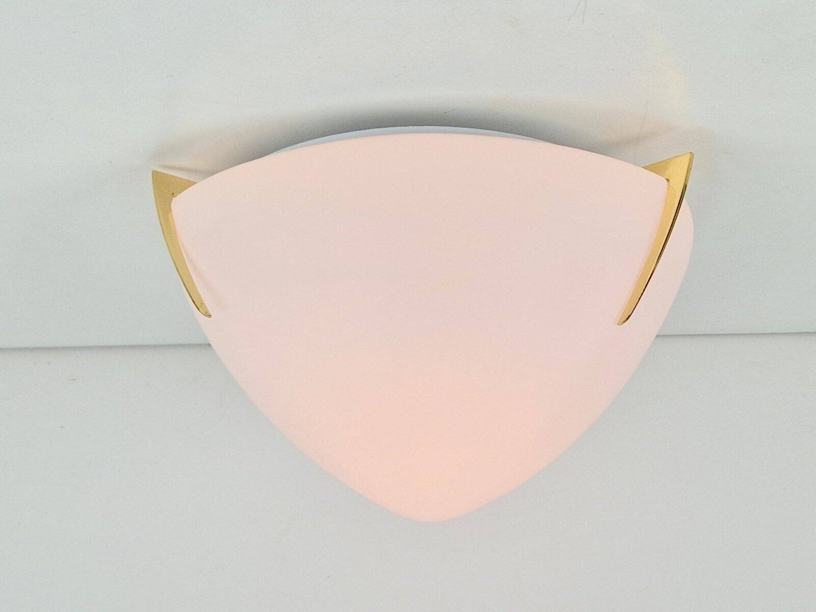 Regency Brass and White Glass Ceiling Lamp from Milan, Spain, 1970s