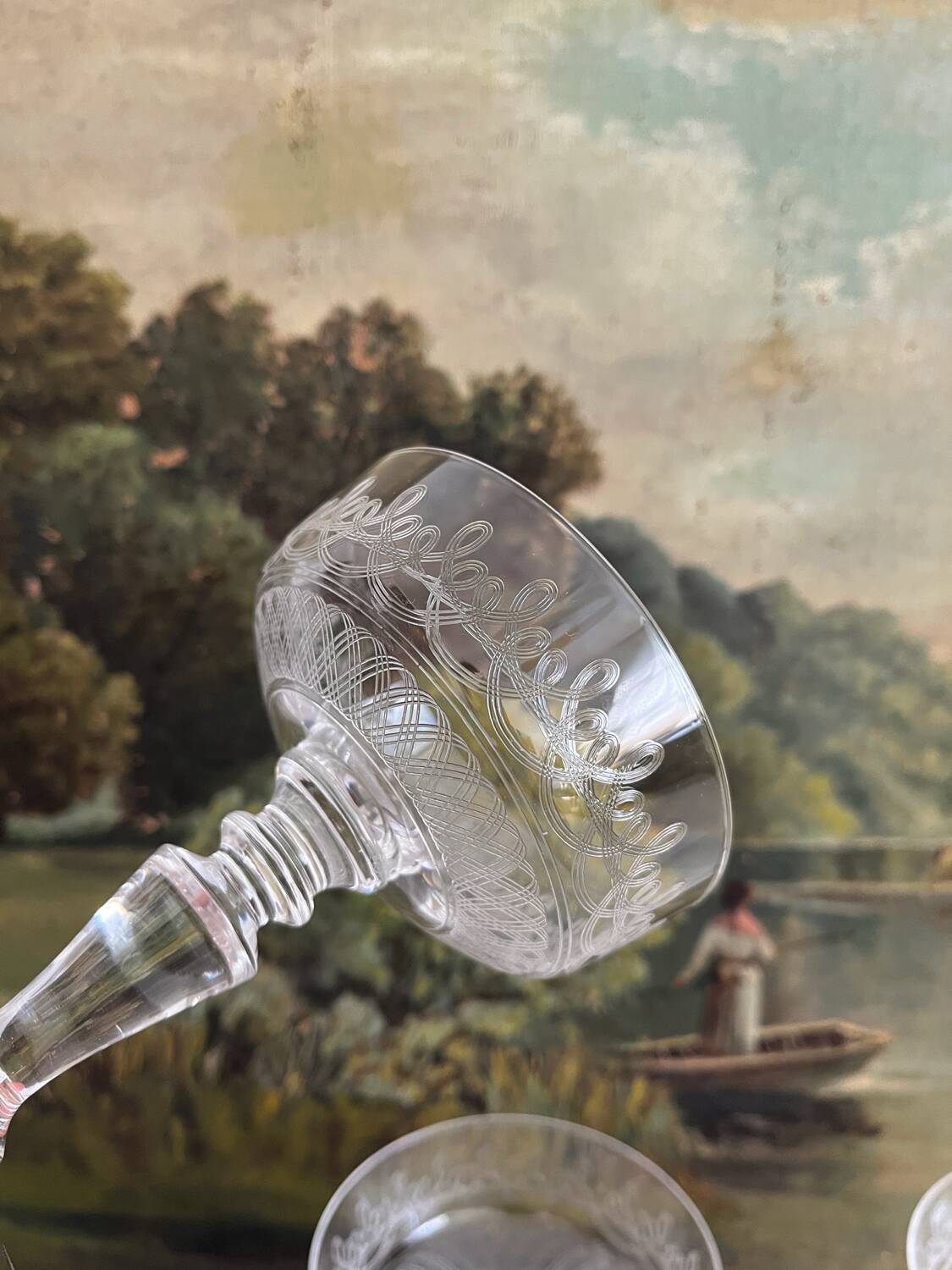 4 antique crystal champagne glasses with interlacing engraving