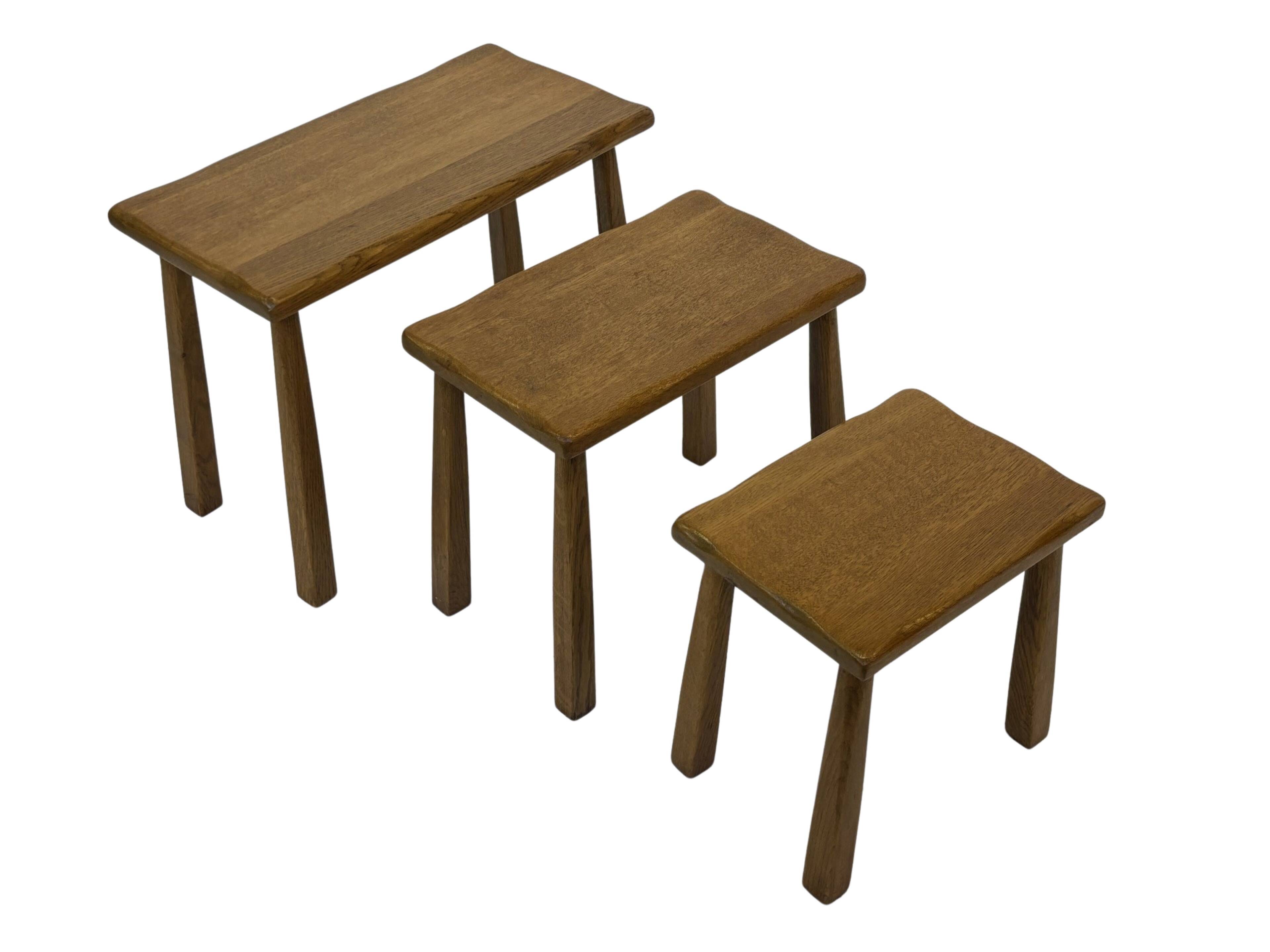 Vintage Set of 3 brutalist oak side or nesting tables 1970s