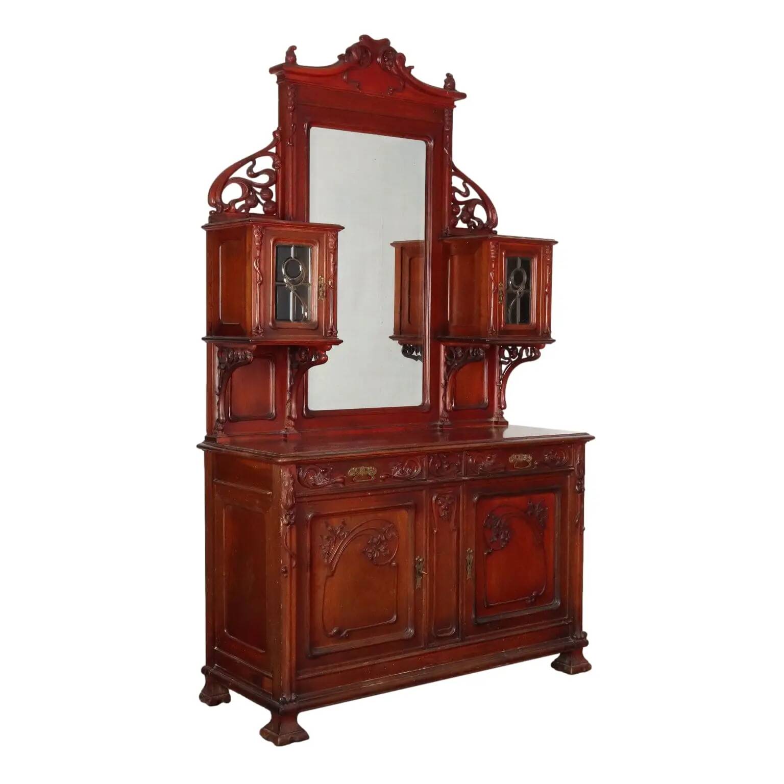 Antique Art Nouveau walnut buffet with decorations, Italy, 19th century.