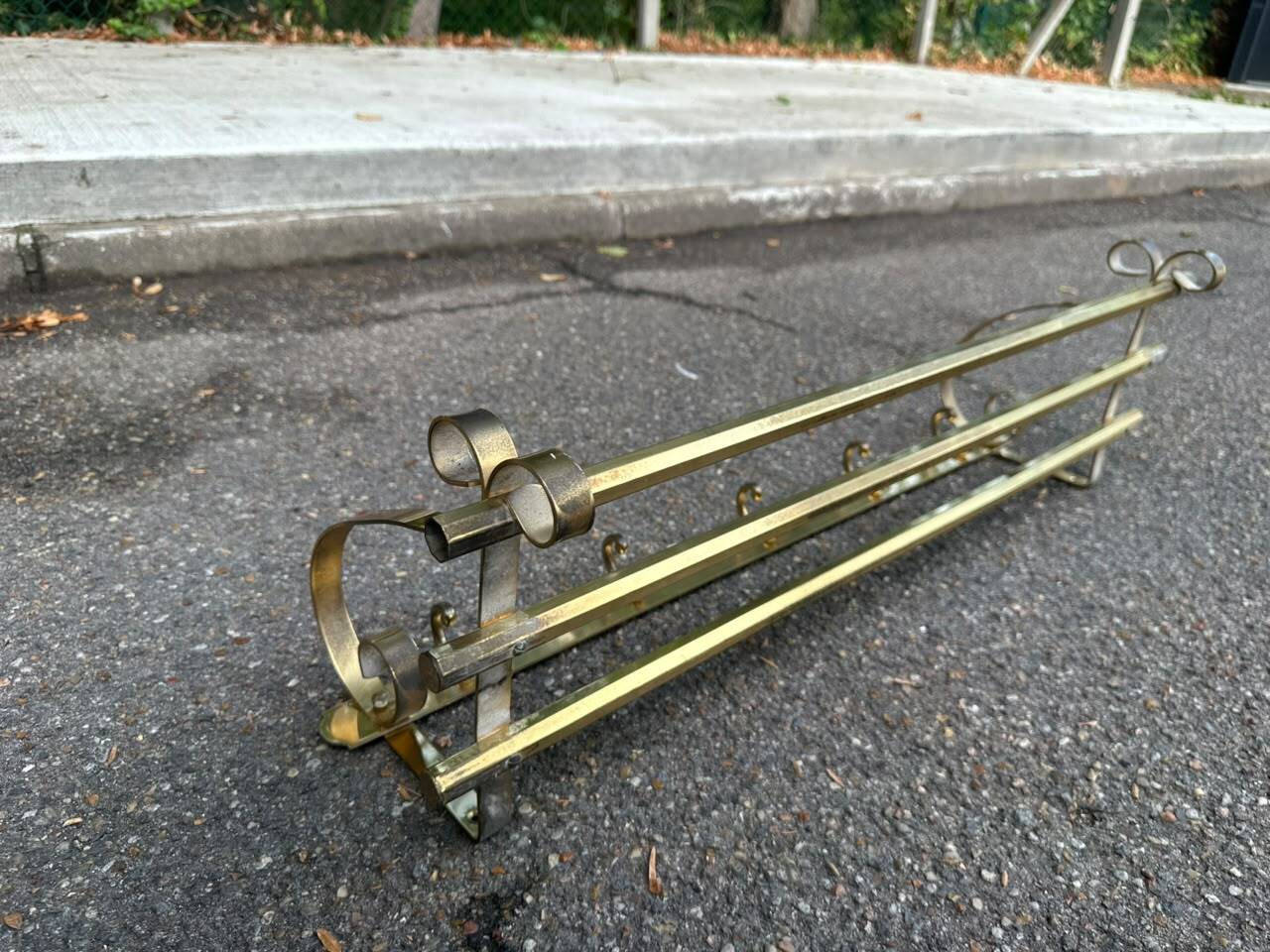 Hollywood Regency wall coat rack, gold brass, hat shelf, 1960s.