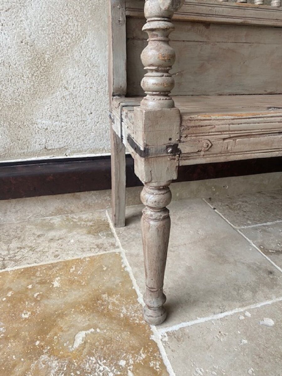 Patinated exotic wood bench for indoor or outdoor use