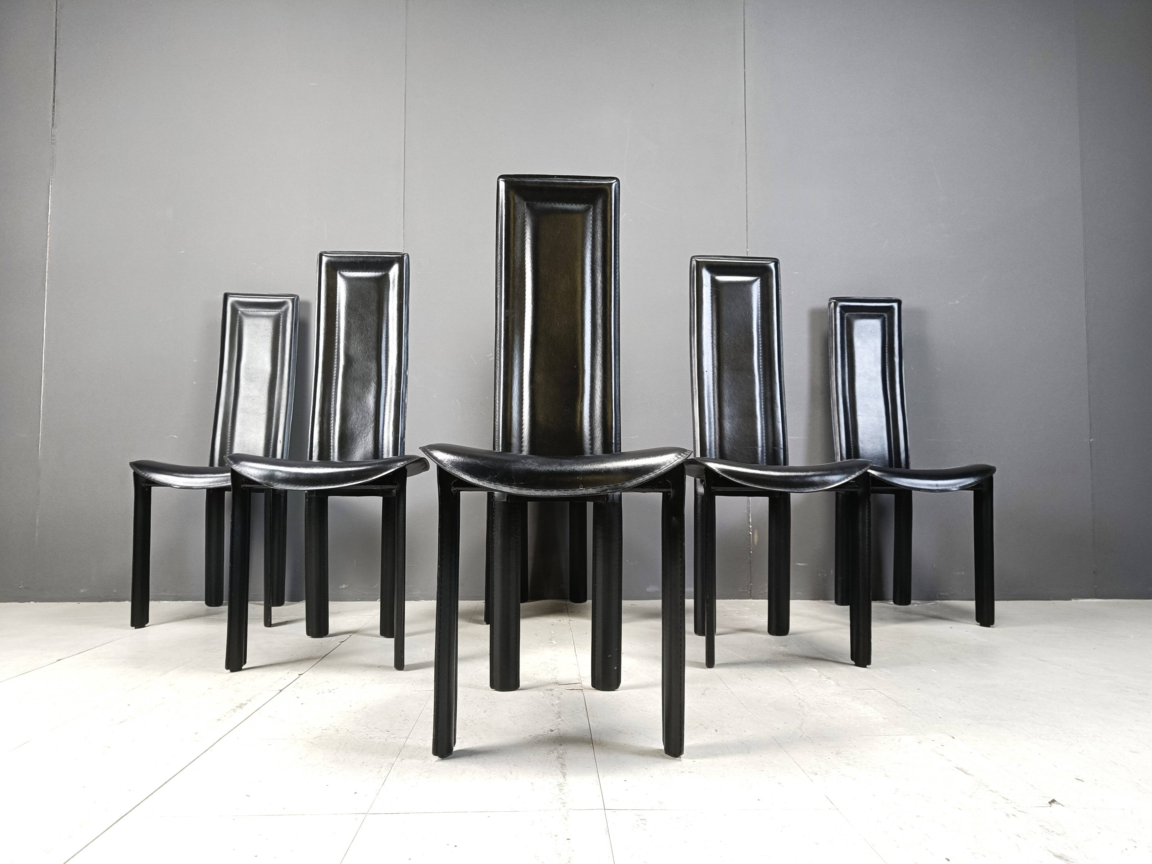 Vintage high back italian leather dining chairs, 1980s