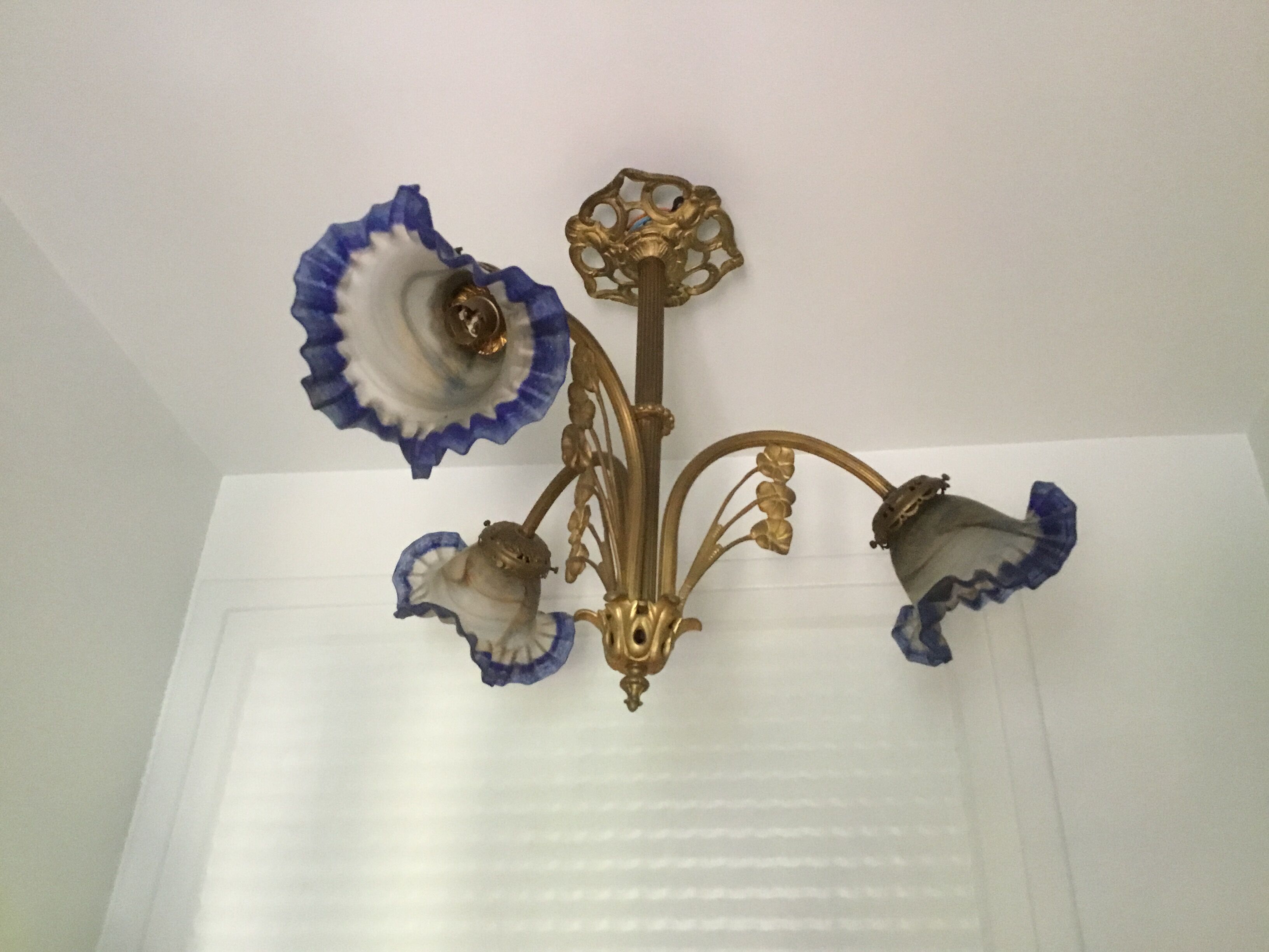 Art Deco style chandelier, bronze and glass paste tulips