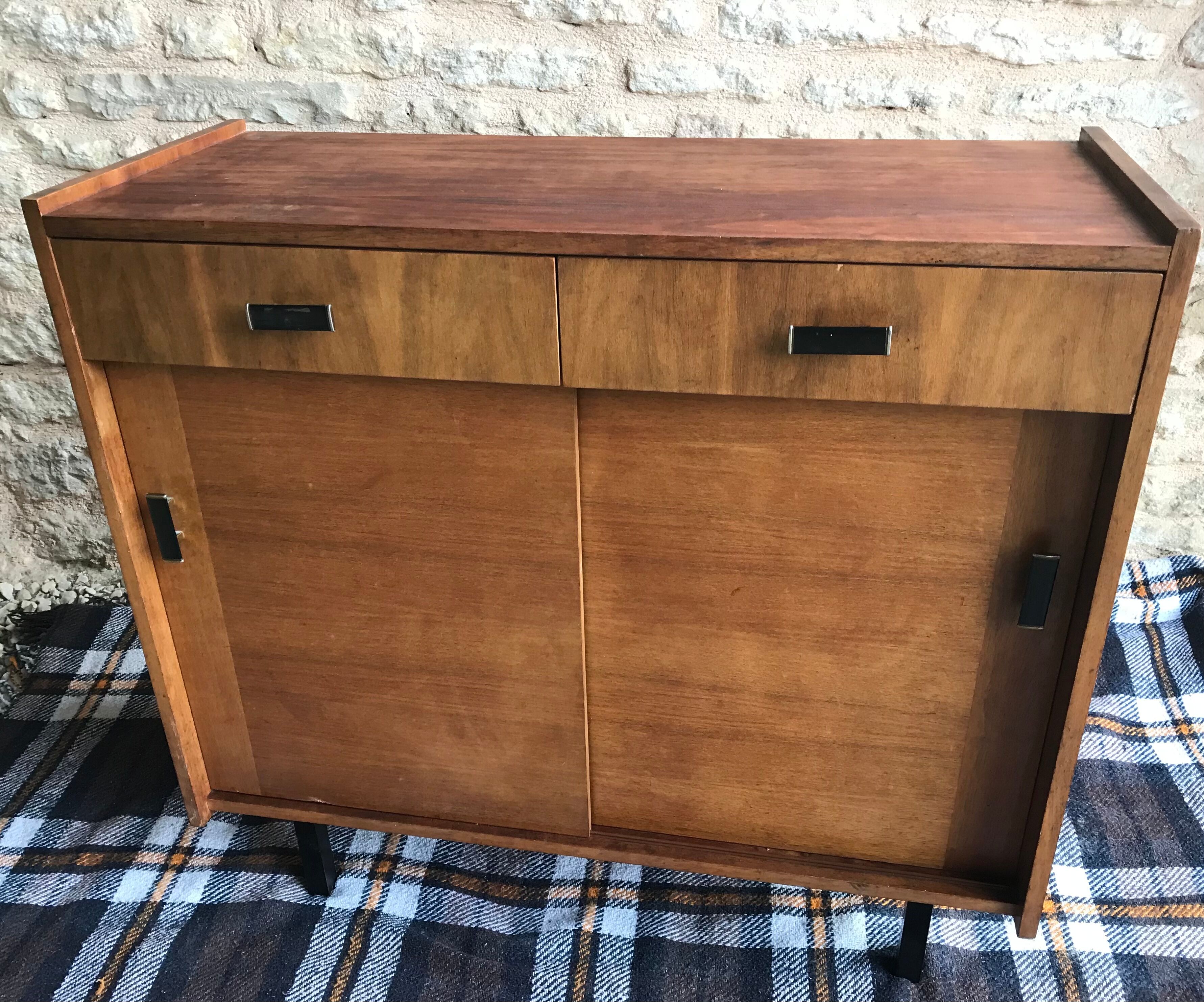 Vintage storage cabinet sideboard two sliding doors two drawers
