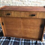 Vintage storage cabinet sideboard two sliding doors two drawers