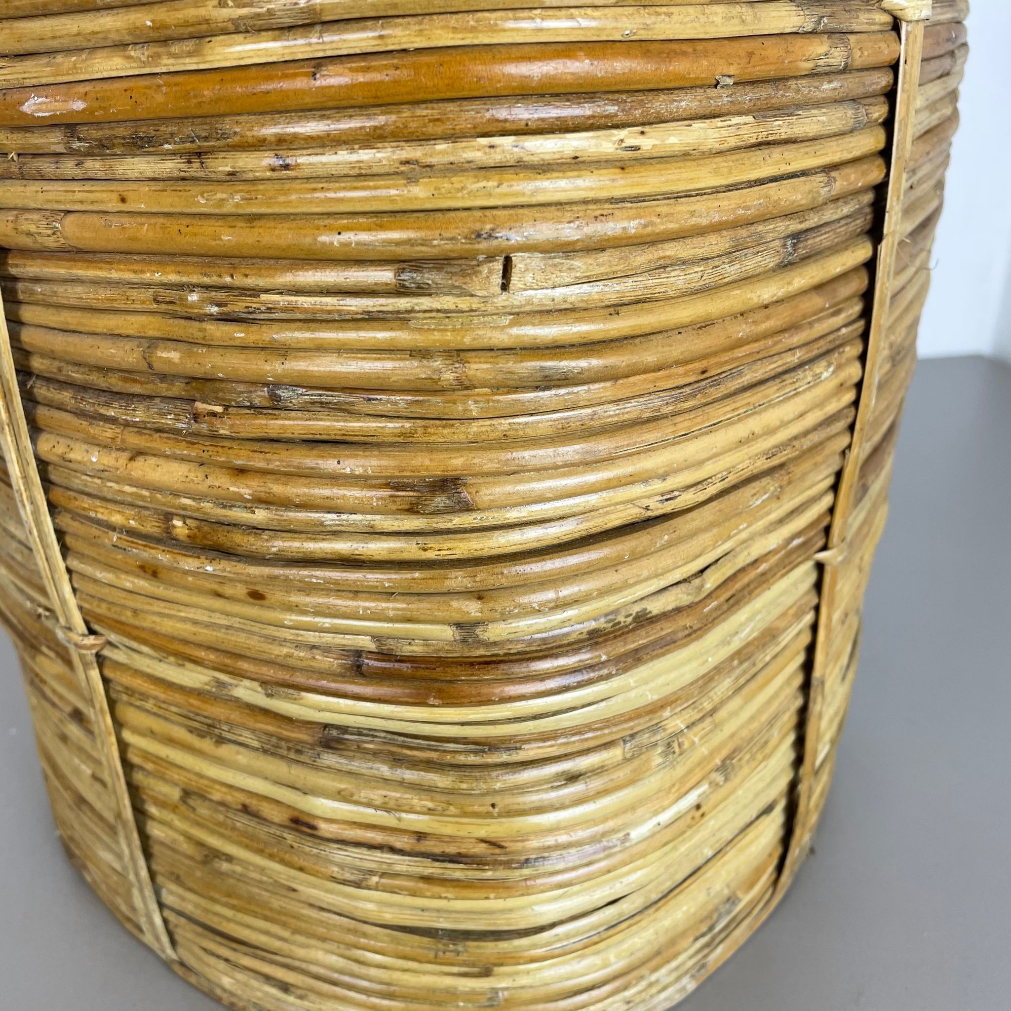 Mid-century rattan and brass bauhaus waste paper bin, france, 1960s