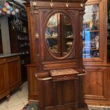 Solid walnut vestibule coat rack with oval mirror and bronze hooks