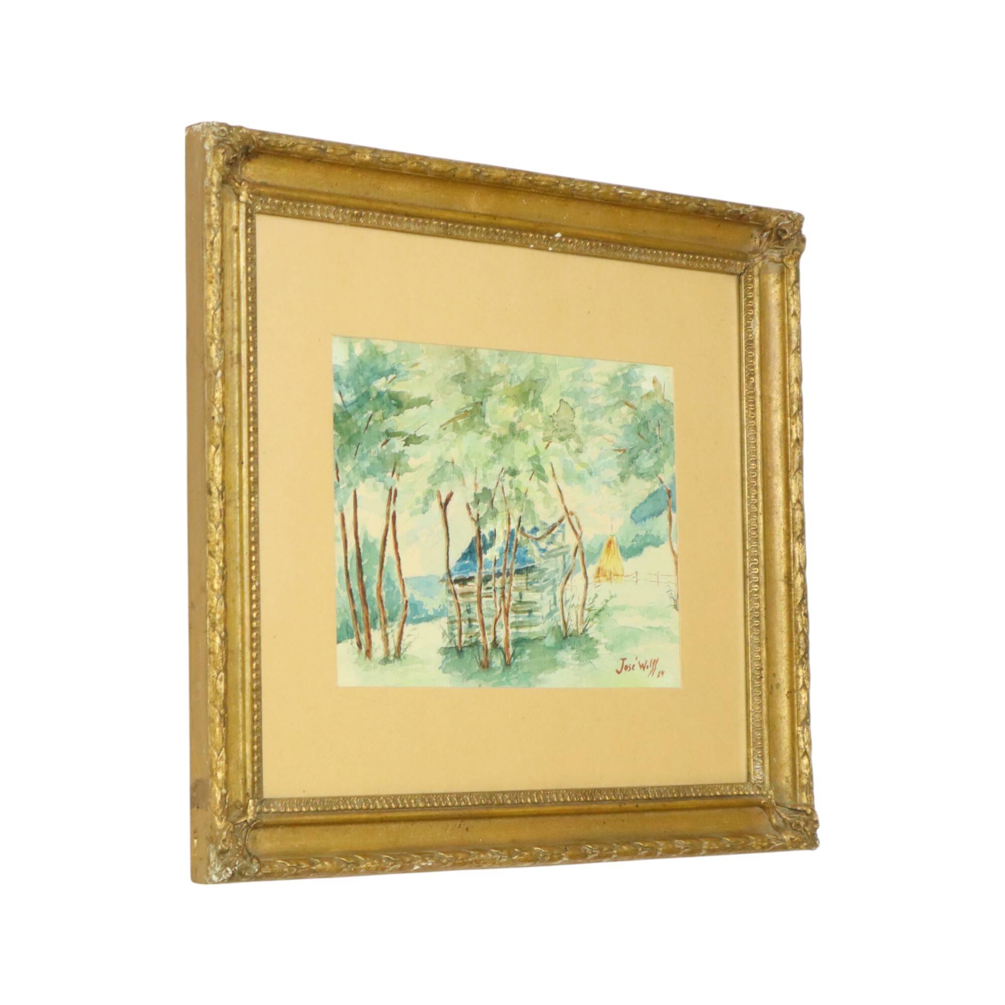 Watercolor José Wolff Art Painting Wooden Baroque Style Frame 1924