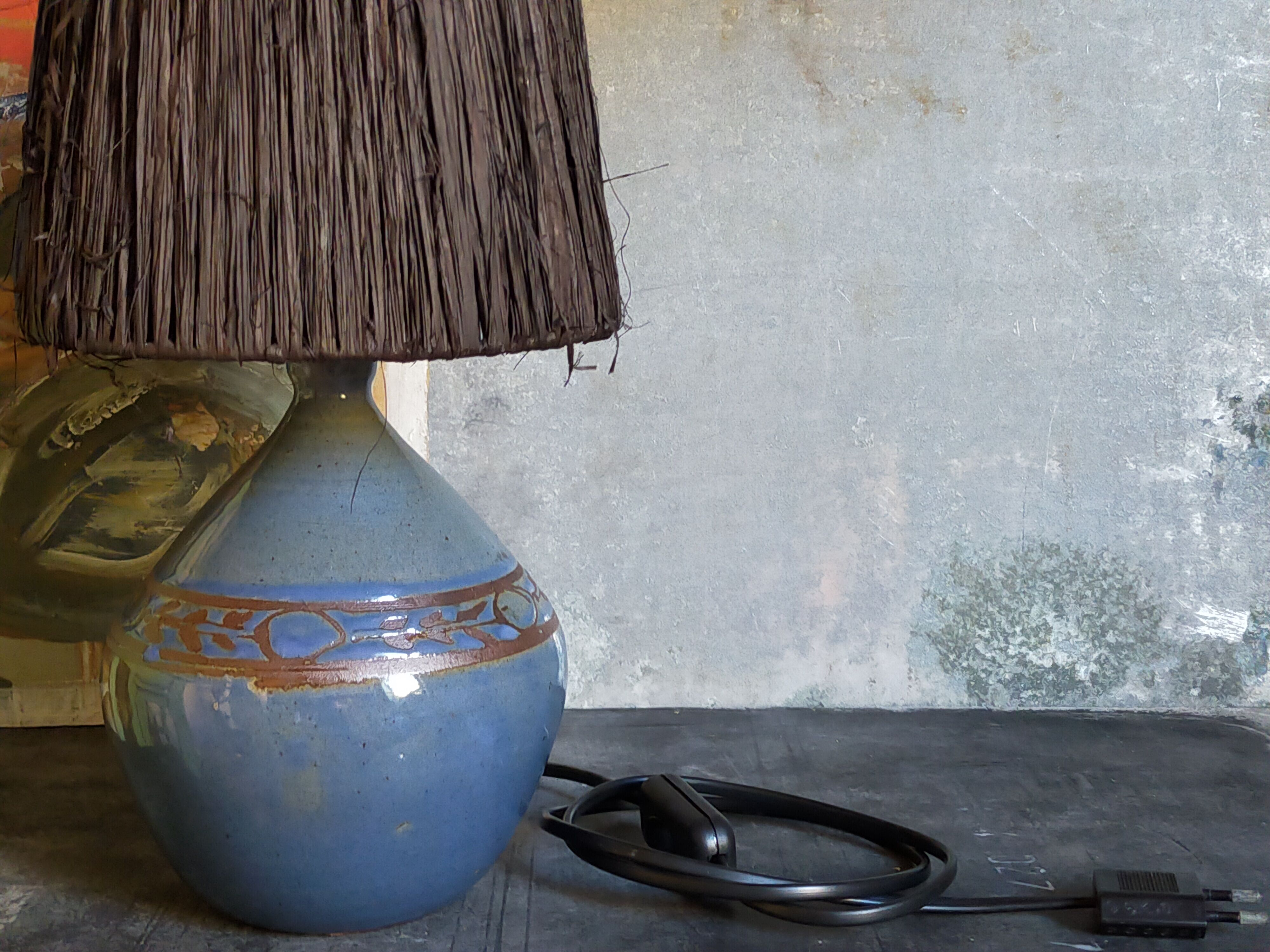Vintage potter's ceramic table lamp, raffia lampshade