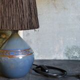 Vintage potter's ceramic table lamp, raffia lampshade