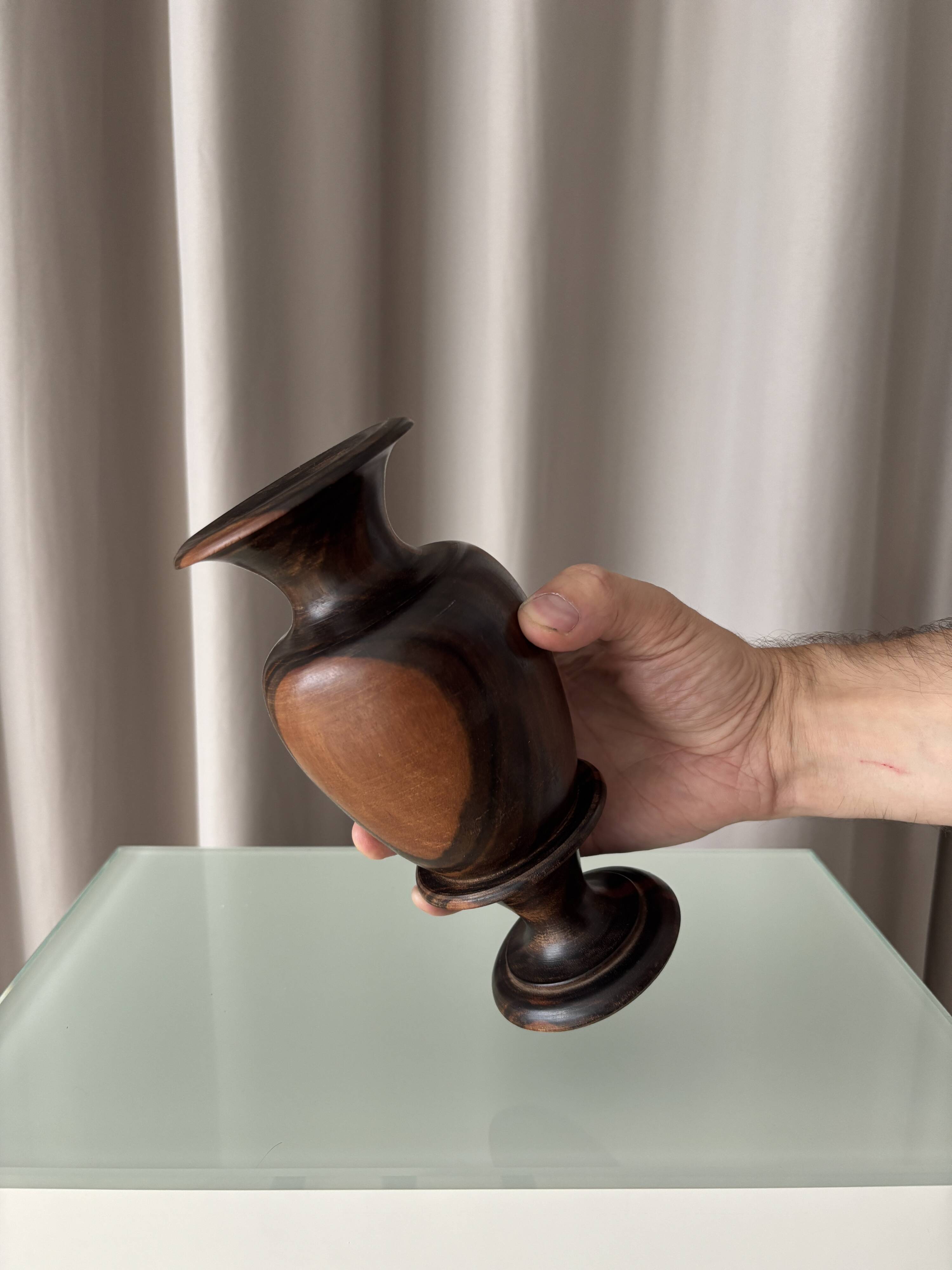 Vintage Sculptural Turned Wood Vase – Dark Hardwood – 20 cm