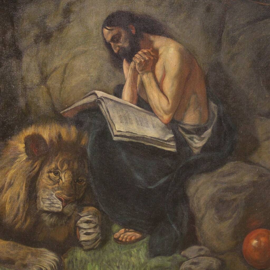 Tableau religieux italien représentant saint Jérôme avec un lion, datant du XXe siècle.