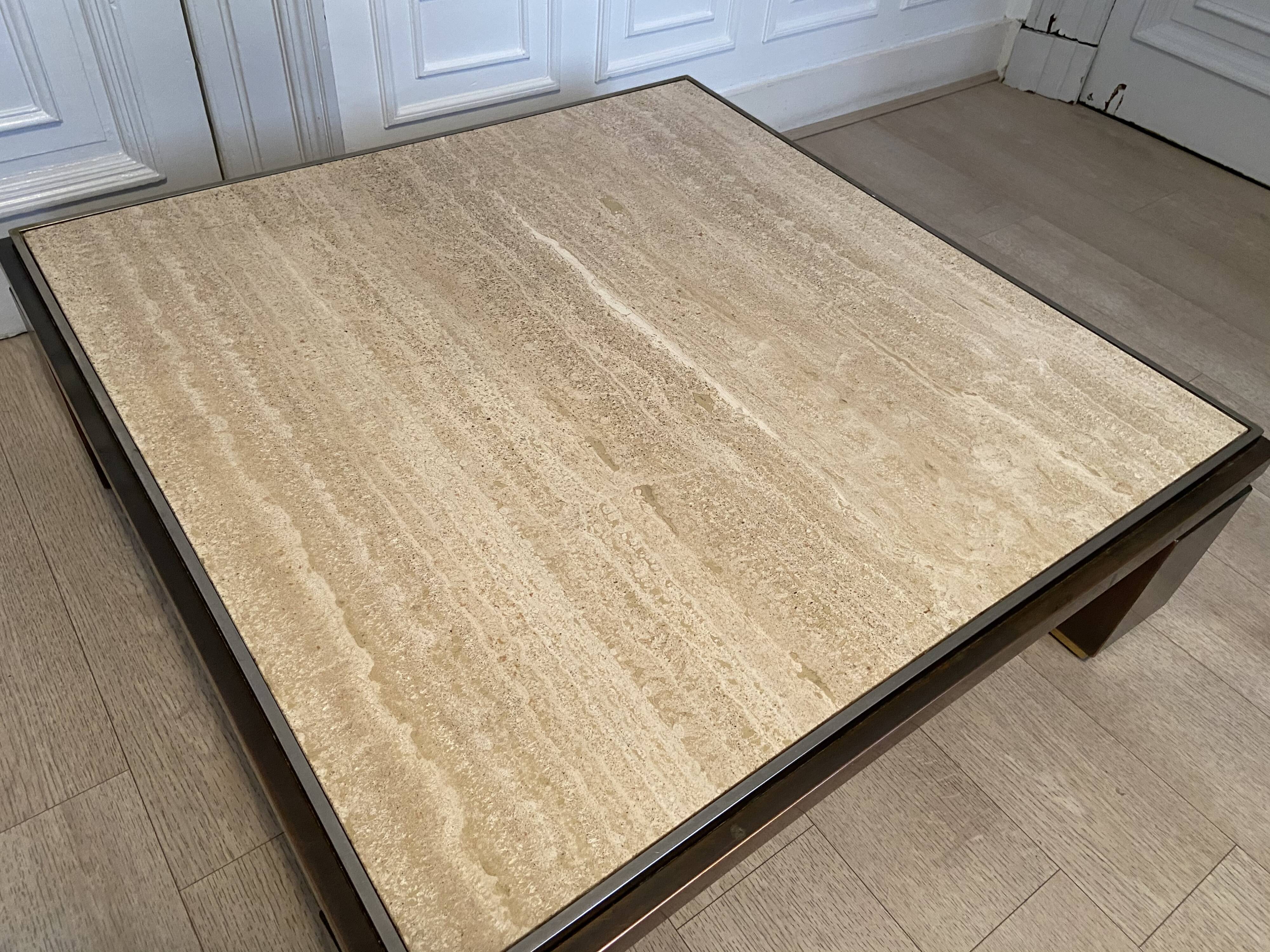 XXL copper brass and travertine square coffee table, Belgo Chrom