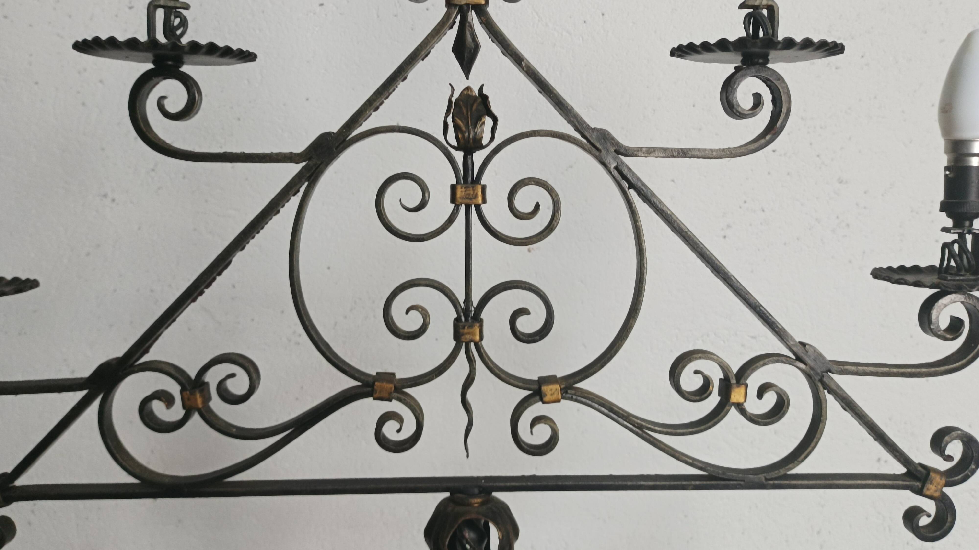 Wrought iron floor lamp with 5 light arms, 1940