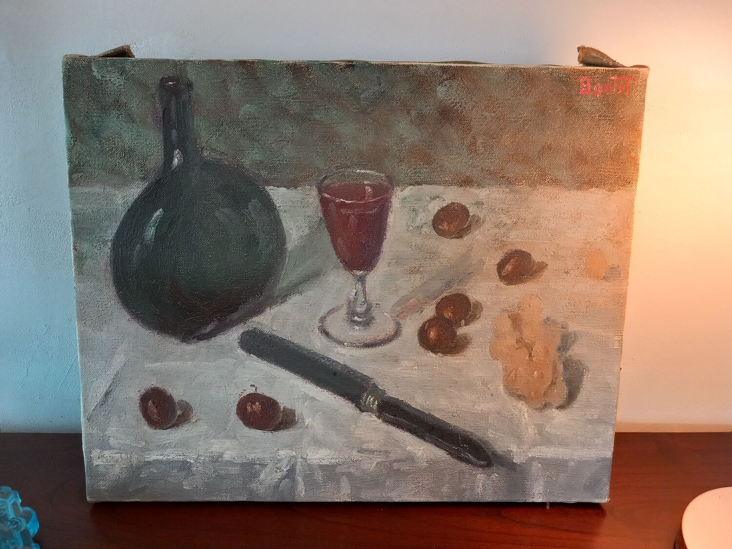 Still life painting with glass of wine .old