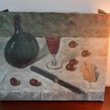 Still life painting with glass of wine .old