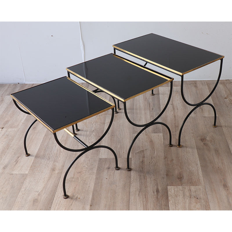 Vintage nesting tables in metal and black opaline glass 1950