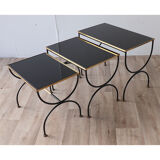 Vintage nesting tables in metal and black opaline glass 1950