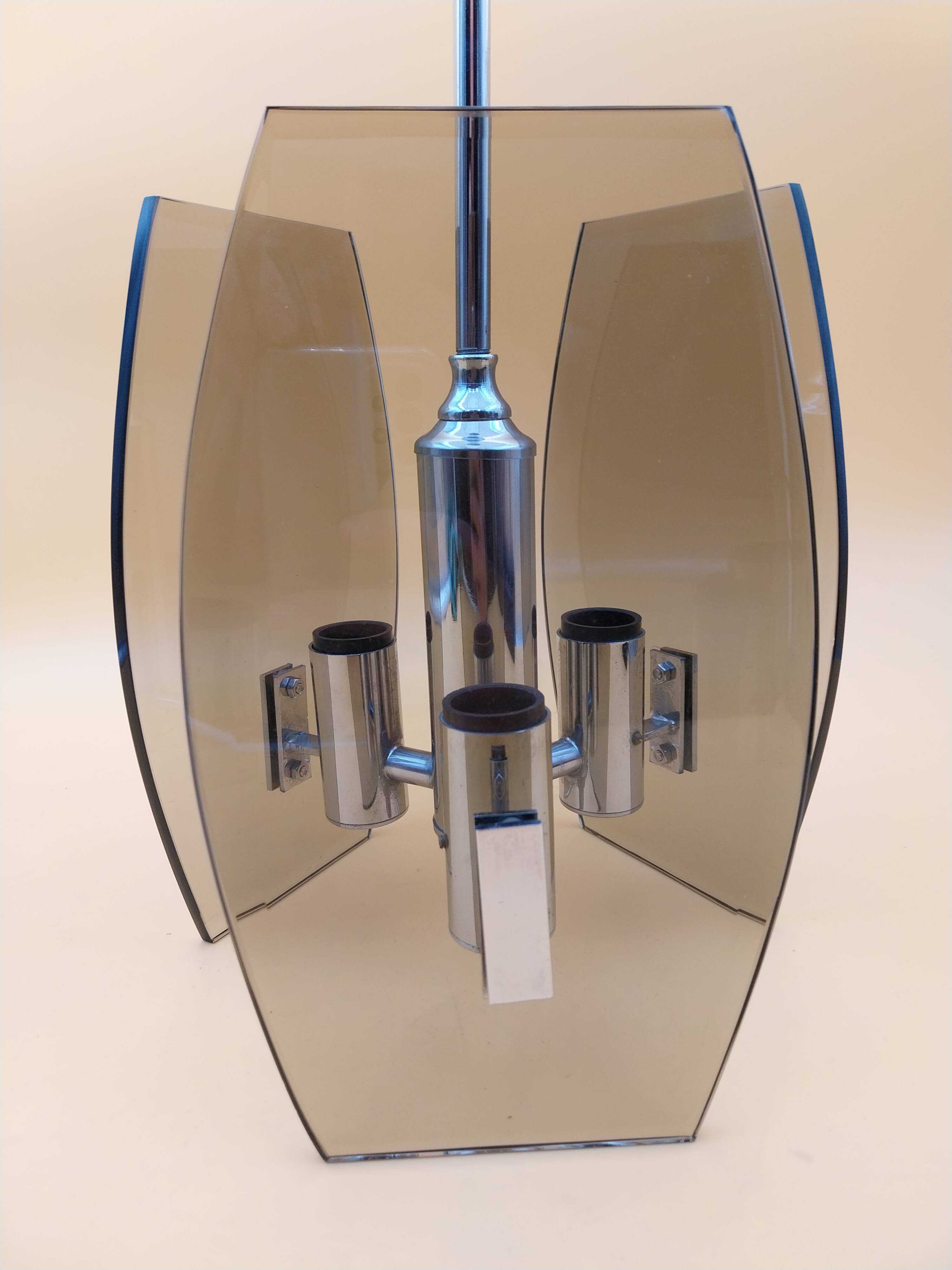 Chrome and smoked glass ceiling pendant from the 1970s.