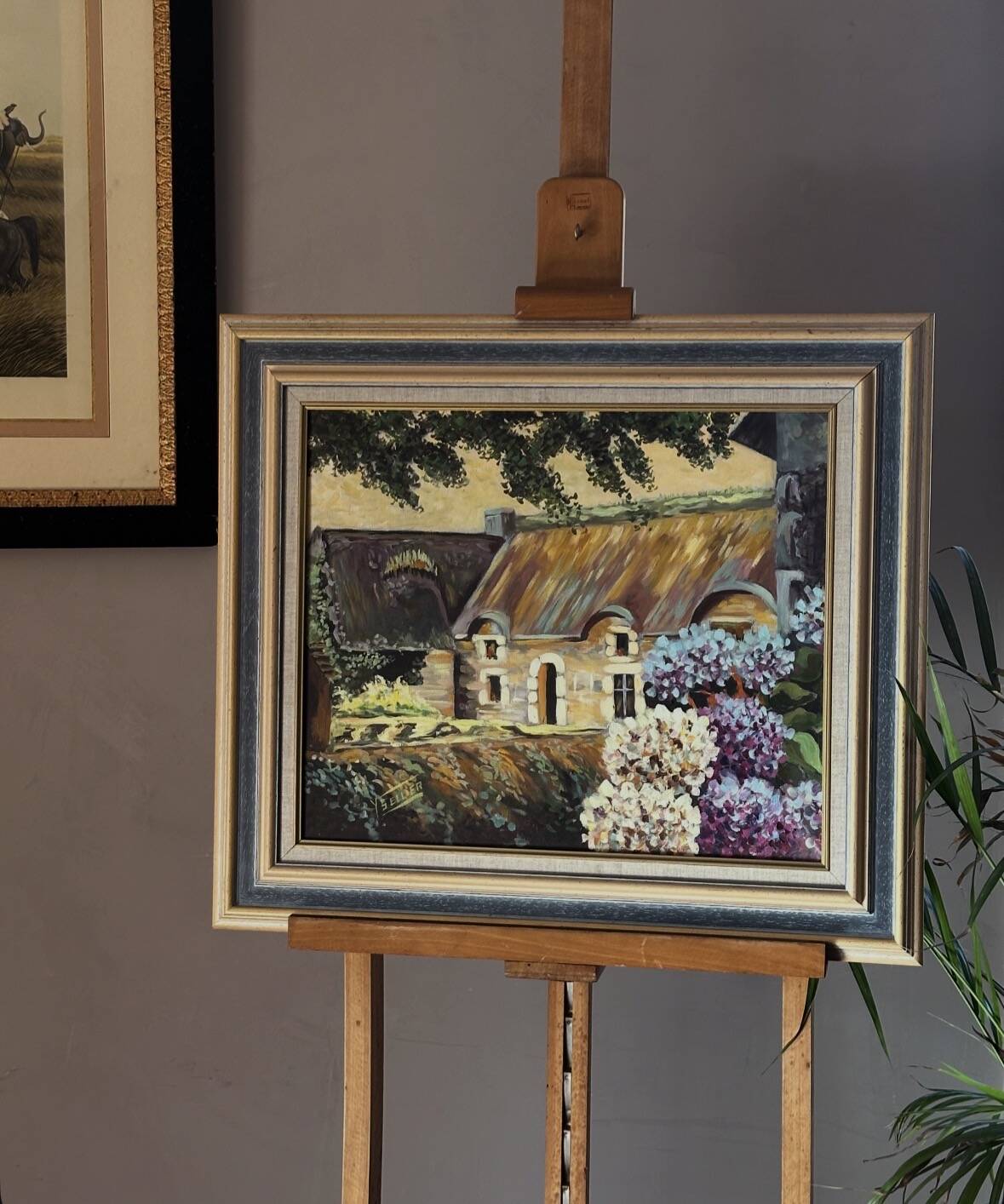 Oil on canvas framed – House with hydrangeas, Yvonne Sellier