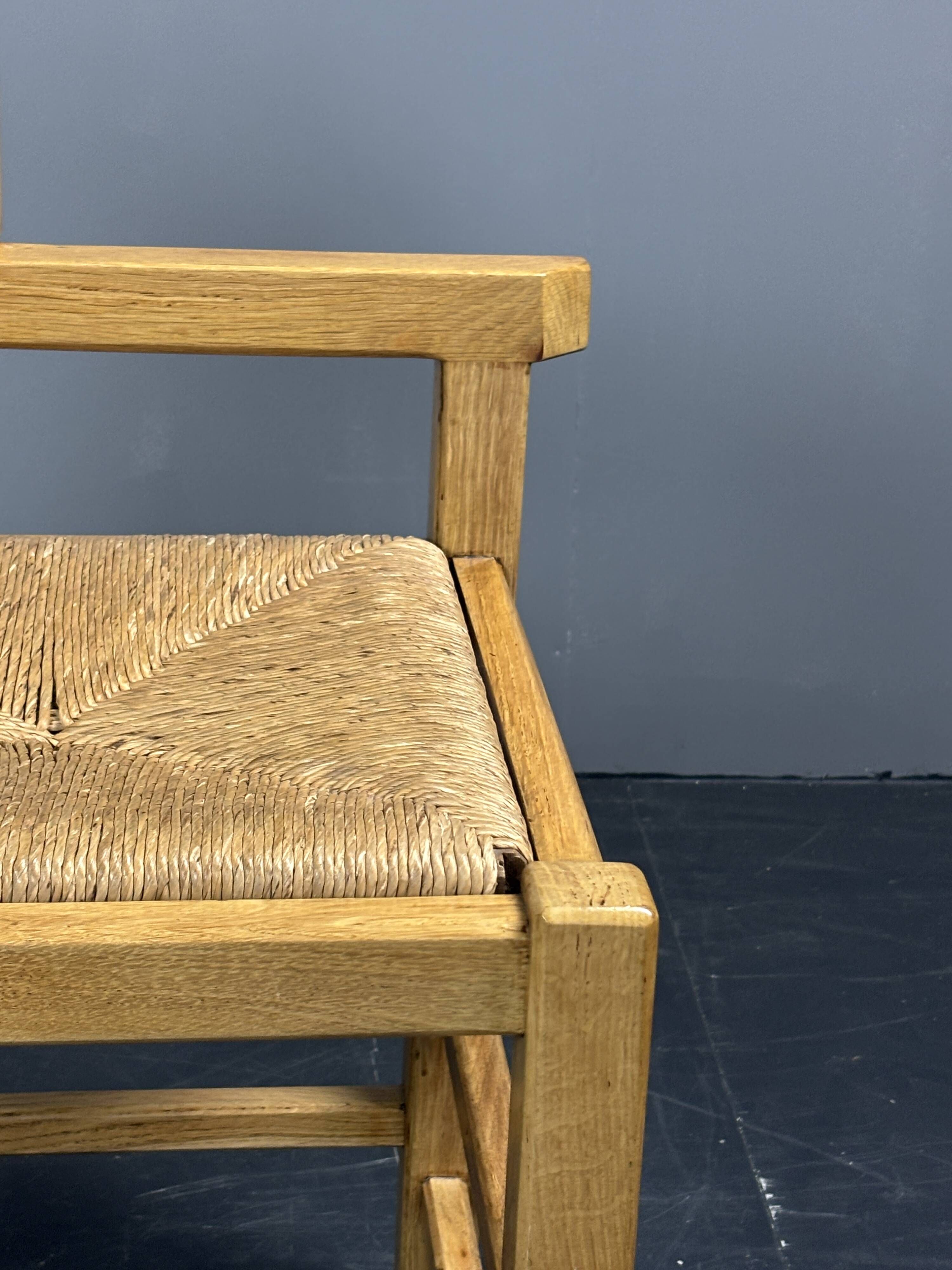 Dutch postmodern brutalist oak corner side chair with rush seat, 1970s